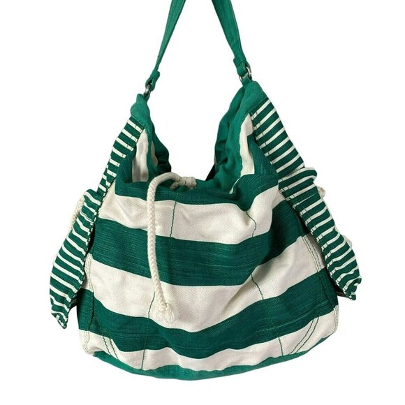 Gap Hobo Beach Pool Tote Bag White Green Weekender Rope Drawstring Snap Recycled - Picture 2 of 16